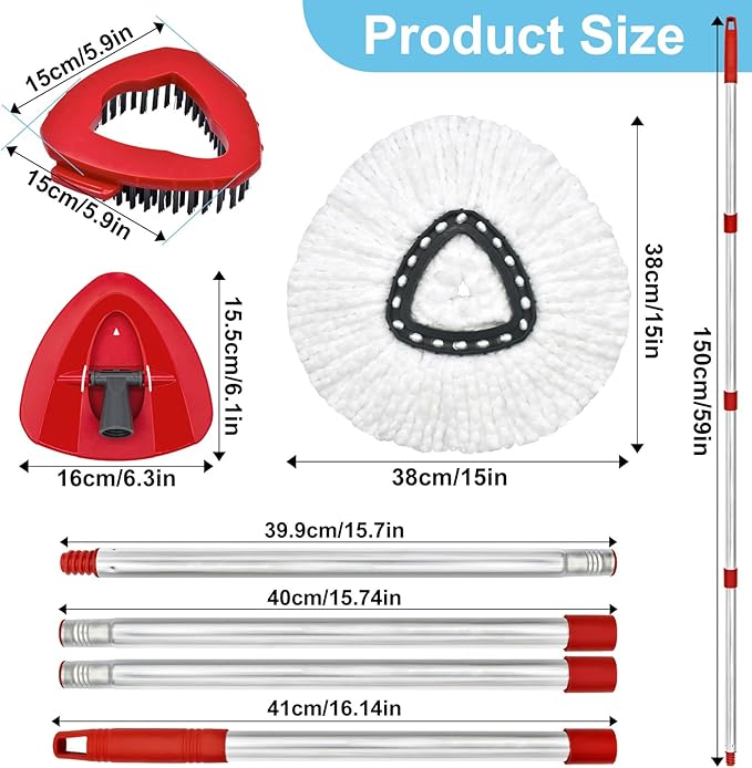 Spin Mop Handle, Mop Replacement Head,Brush,Base Compatible with OCedar EasyWring 1 Tank,2 Microfiber Mop Refills,1 Mop Base,1 Brush and 30-58" Mop Handle Combo Set for OCeda,Use for Floor Cleaning
