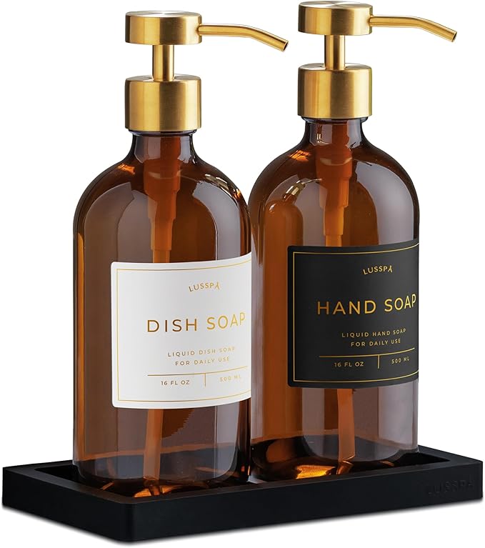 Lotion, Hand & Dish Soap Dispenser for Kitchen Sink - Bathroom Soap Dispenser Set of 2 16.8 Oz Glass Bottles with Stainless Steel Pump, 15 Water Proof Labels & Silicon Tray (Amber/Gold)