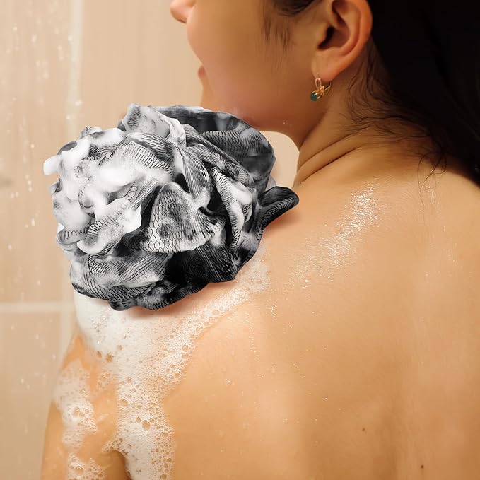 12 Pcs Travel Size Loofah Individually Wrapped, Small Shower Puff Bath Sponge Pouf Ball Bulk Mesh Bath Puff Mini Loofah Sponge with Case Bulk for Shower Care (25g,Black)