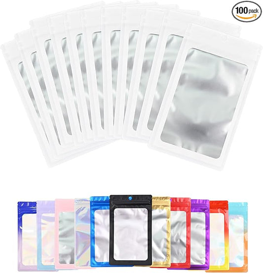 100 Pack Resealable Plastic Bags for Food Storage, Zipper Bags with Clear Front Window, Packaging Pouch for Small Business (White, 6.3x9.5 inch)
