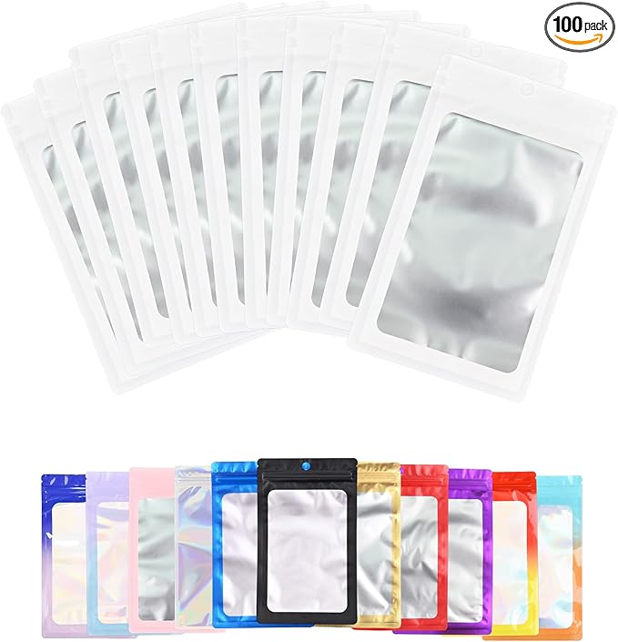 100 Pack Resealable Plastic Bags for Food Storage, Zipper Bags with Clear Front Window, Packaging Pouch for Small Business (White, 2.4x3.9 inch)