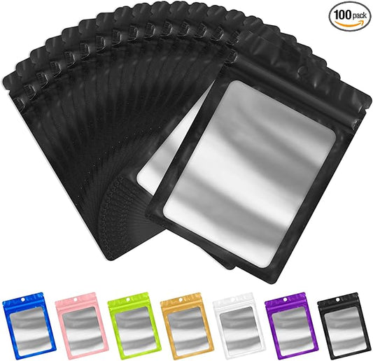 FUNFERY 100 Pack Mylar Resealable Bags Foil Packaging Bags with Clear Window,Zipper Pouch Smell Proof Bag for Food Storage,Cookies,Sample,Small Business(Black,5.1x8.3inch)