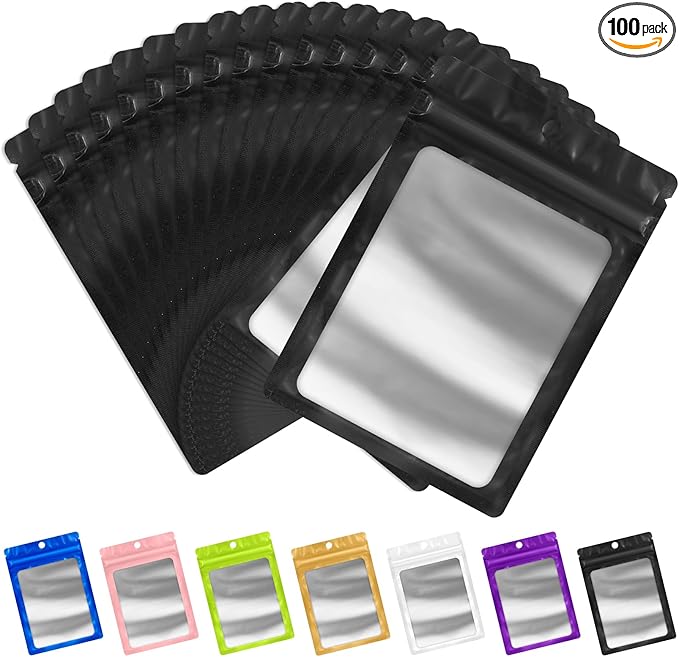 FUNFERY 100 Pack Mylar Resealable Bags Foil Packaging Bags with Clear Window,Zipper Bag Smell Proof Pouch for Food Storage,Cookies,Sample,Small Business(Black,3x4.7inch)
