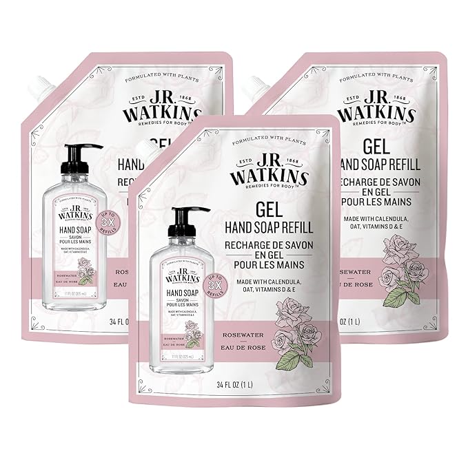 J.R. Watkins Gel Hand Soap Refill, Moisturizing Hand Wash, Alcohol-Free, Cruelty-Free, Rosewater, 34 Fl Oz, 3 Pack