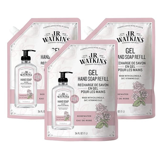 J.R. Watkins Gel Hand Soap Refill, Moisturizing Hand Wash, Alcohol-Free, Cruelty-Free, Rosewater, 34 Fl Oz, 3 Pack