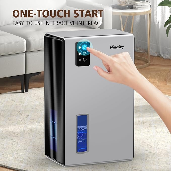 NineSky Dehumidifiers for Home, 95 OZ Water Tank, (1000 sq.ft) Dehumidifiers for Bathroom Bedroom Basement with Auto Shut Off,7 Colors LED Light(Silver)