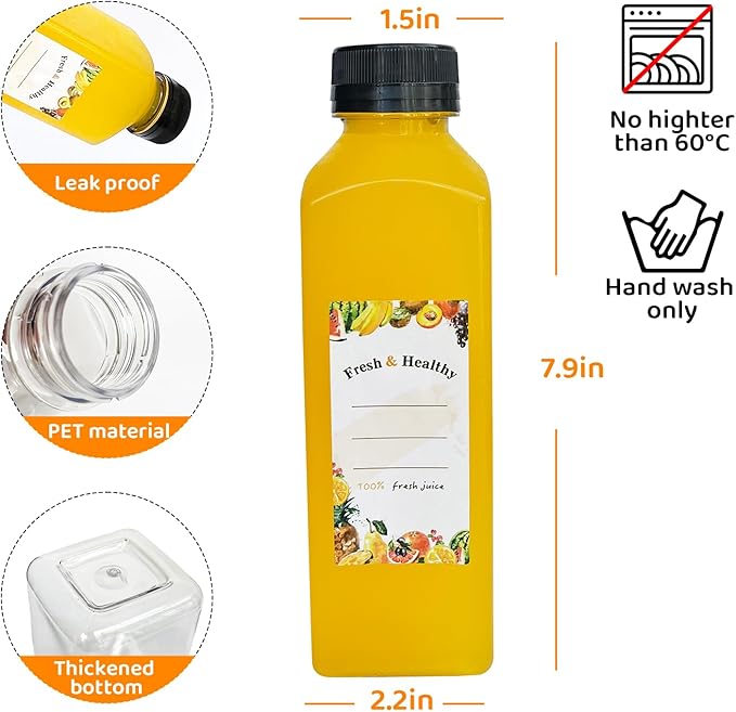 100pcs 16 oz Plastic bottles with lids,Juice bottles with caps, Reusable Clear Bulk Beverage Containers for Juice, Milk and Other Beverages
