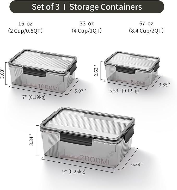 Eclirgan Food Containers with Lids/Lock,Rectangle Food Container Set with Leakproof/BPA Free,Clear Freezer Storage Set for Lunch/pantry/Travel/Deli Food(16/33/67 OZ)
