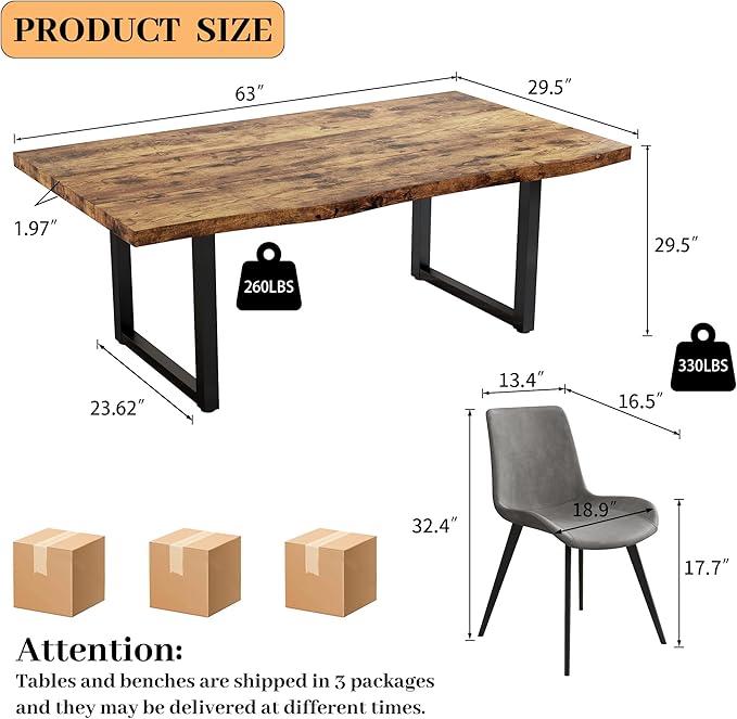 63" Dining Table and Chair Set for 6, MDF Board Kitchen Table Set with Thick Cushion Dining Chairs Set of 6, Mid-Century Dining Room Table, Saving Space