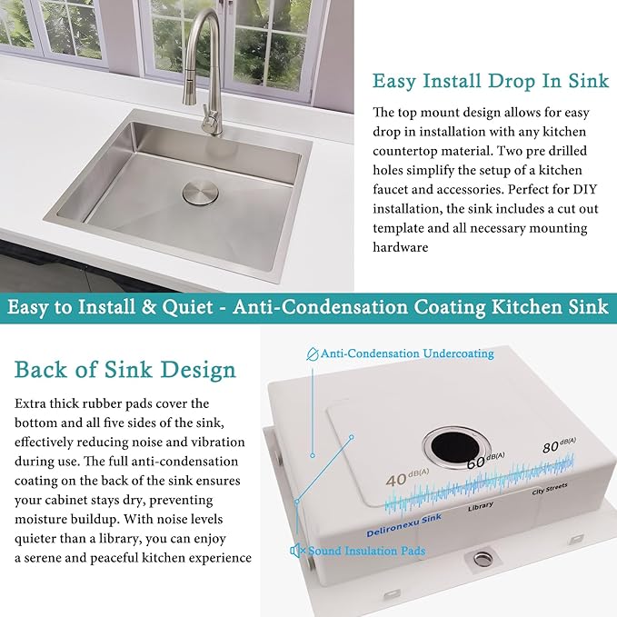 25x22 Drop In Kitchen Sink – Delironexu 18 Gauge Stainless Steel Kitchen Sink, 25 Inch Top Mount kitchen sink with Brushed Finish, 6 Inch Deep Single Bowl Sinks for RV, Prep, and Outdoor Use