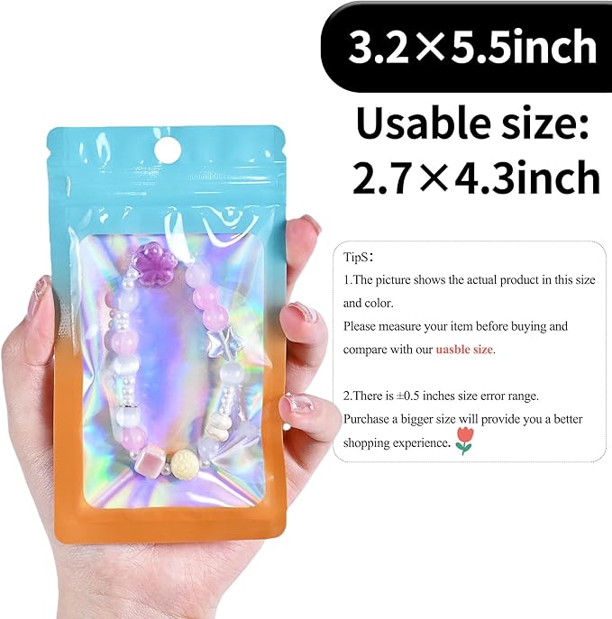 100 Pack Resealable Plastic Bags for Food Storage, Zipper Bags with Clear Front Window, Packaging Pouch for Small Business (Green & Orange, 3.2x5.5 inch)