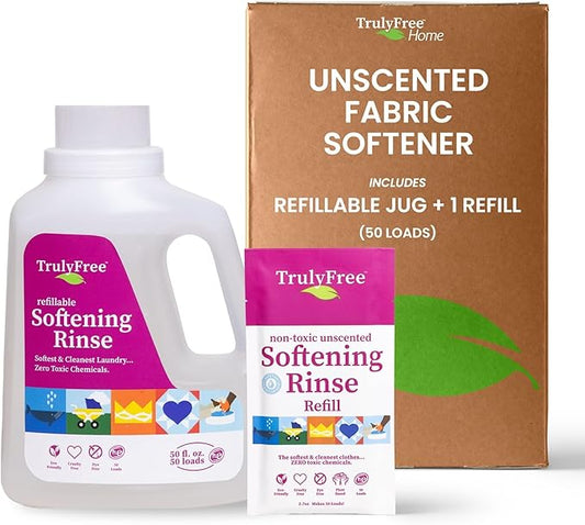 Truly Free Fabric Softening Conditioner for Clothes| Safe for Babies & Kids with Sensitive Skin | Plant-Based | Include 1 Refillable 50oz Bottle with Measuring Cap| Unscented Rinse(50 Loads)