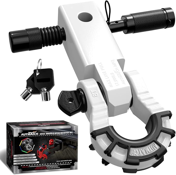 AUTMATCH Shackle Hitch Receiver 2" with 3/4" Mega D Ring Shackle and 5/8" Trailer Hitch Lock Pin, 68,000 Lbs Break Strength Heavy Duty Receiver Towing Kit for Off-Road Vehicle Recovery, White
