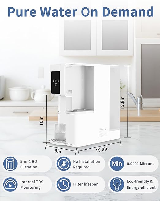 Reverse Osmosis System Countertop, Portable 5 in 1 RO Water Filtration System, 3:1 Pure to Drain Ratio Purifier, TDS & Filter Monitor, Water Filter for Home, Office, RV White