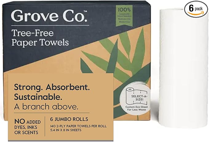 Grove Co. Bamboo Paper Towels, Tree Free & Sustainable Kitchen Paper Towels, Strong & Absorbent with Custom Select Sheets for Less Waste, Zero Plastic Waste. 140 x 2-ply Sheets per Roll, 6 Pack Rolls