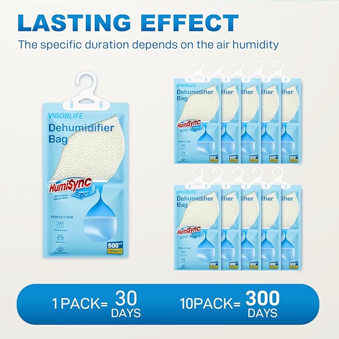 Moisture Absorbers,9.8OZ.,Hanging Closet Dehumidifier Bags,Desiccant,10 Pack Portable Humidity Packs for Bathroom,Closet,Wardrobe,Attract and Trap Excess Moisture, Blue