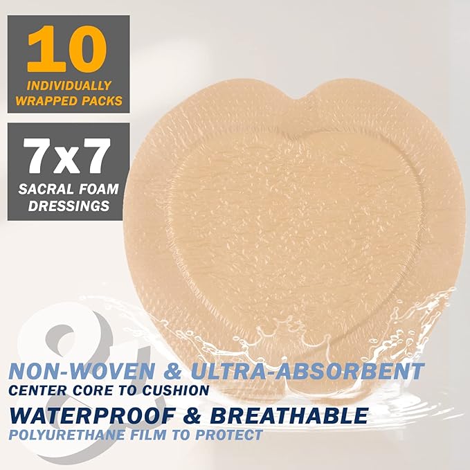 EVERLIT Sacrum Silicone Foam Dressing | Highly-Absorbent Waterproof Sacral Bandage Pad for Bed Sore Pressure Ulcer Wound Care | Sterile Adhesive Dressing for Chronic Wounds (7" x 7" | 10 Pack)