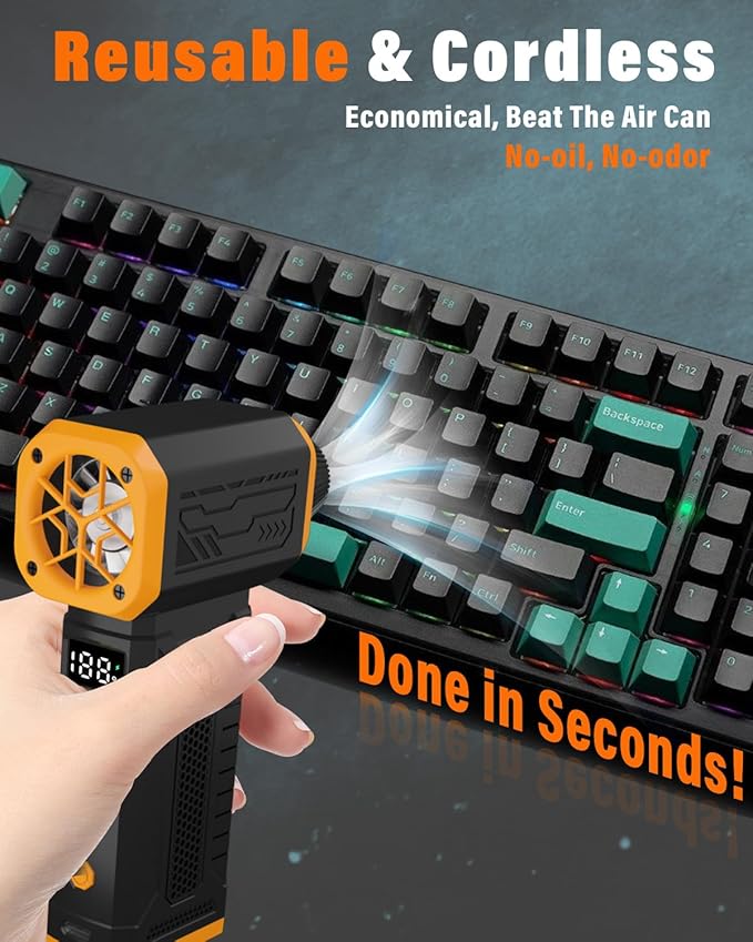 Compressed Air Duster, 130K RPM Powerful Cordless Mini Blower with Display, 10-Gear Adjustable Car Vacuum with Fast Charging, Rechargeable Handheld Vacuum for Home, Outdoor and Car (Black, 2-in-1)