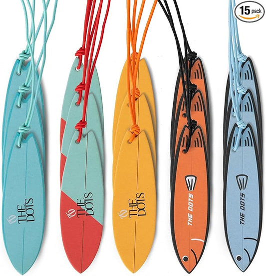 THEDOTS Series 15 Pack Assorted Surfboard Hanging Car Air Fresheners, 5 Unique Scents, Detachable Message Cards with Surfing Art, Long-lasting Scent, Gift for Car & Home