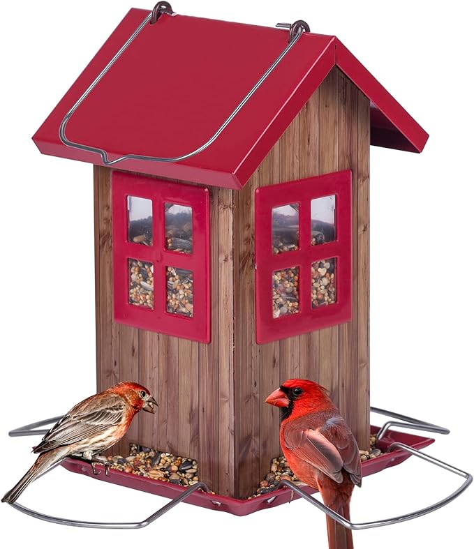 Kingsyard Cute Bird House Feeders for Outside, Hanging Metal Bird Feeder with 4 Ports, Outdoor Garden Yard Decorations for Cardinals Finches Chickadees Goldfinches & Sparrows Birds Watching