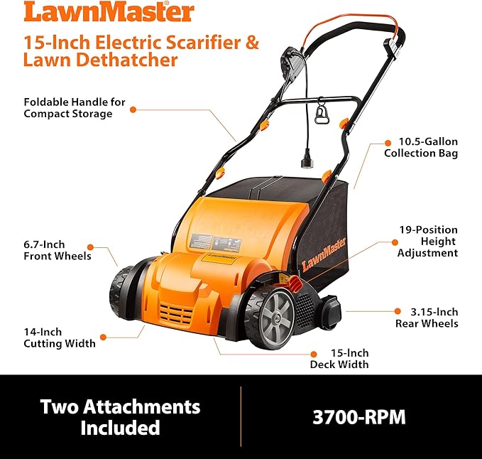 LawnMaster GV1314 Electric 15” 13 Amp Dethatcher and Scarifier