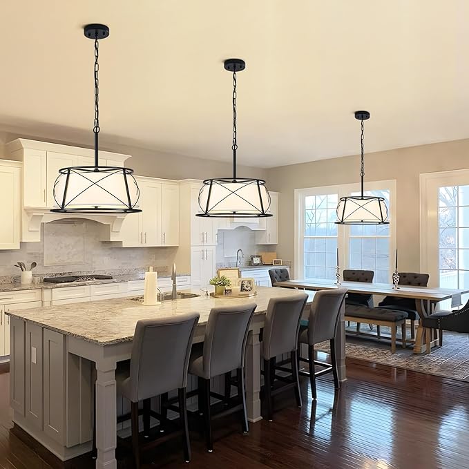 15.7" Drum Chandeliers for Dining Room, Black Modern Chandelier with White Fabric Shade for Bedroom Kitchen Islands Living Room