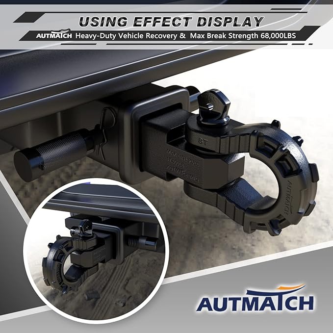 AUTMATCH Shackle Hitch Receiver 2" with 3/4" Mega D Ring Shackle and 5/8" Trailer Hitch Lock Pin, 68,000 Lbs Break Strength Heavy Duty Receiver Towing Kit for Off-Road Vehicle Recovery, Frosted Black