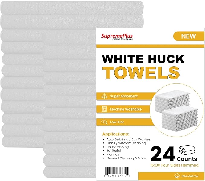 Premium White Huck Towels – (24 Pack) 15 x 30 inches 100% Cotton Bulk Towel for General Cleaning, Auto Shop, and Hospital Use, Super Absorbent, Machine Washable Cloth