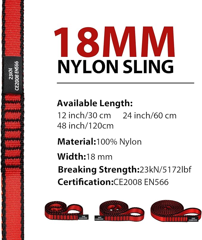 18MM Nylon Climbing Sling Runner - 23KN CE2008/EN566 Certified Outdoor Climbing Webbing for Rock Climbing, Rappelling, Mountaineering, Swing Gear, Outdoor Adventures & Emergency Anchoring