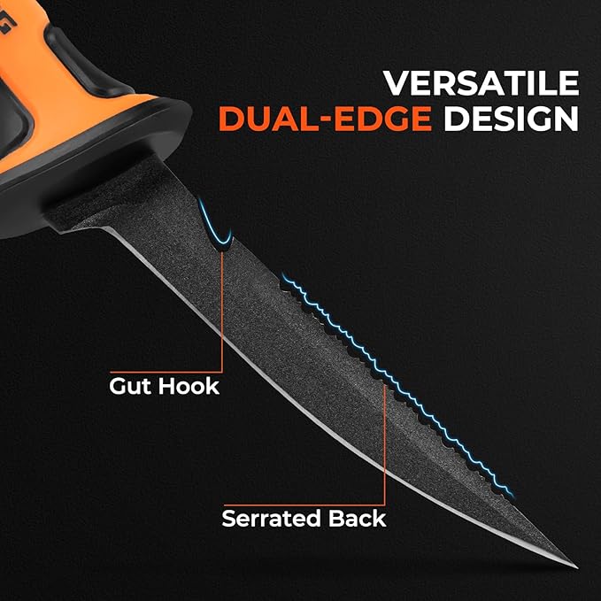 KastKing Ultimate Angler 5" Bait Knife, Razor Sharp Corrosion-resistant Vanadium Stainless Steel Blade, Fishing Knife with Dual Edge & Non-slip Handle, Includes Sheath with Sharpener & Carabiner