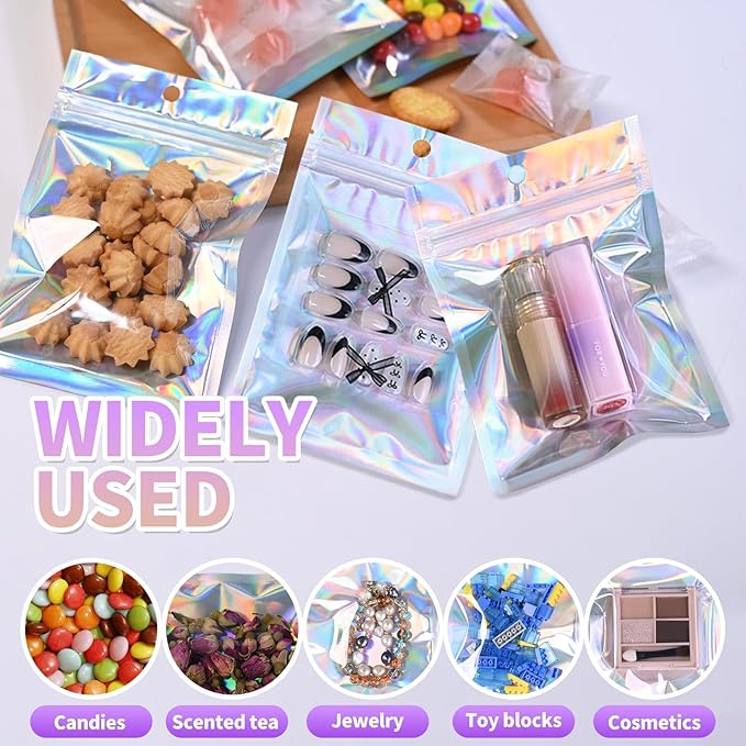 4"X6"120Pcs Resealable Holographic Aluminum Stand Bag for Small Business&Personal, Reusable Smell Proof Mylar Bags with Clear Window Ziploc Foil Pouch for Packaging,Jewelry,Nail Art,Makeup,Candy,Snack