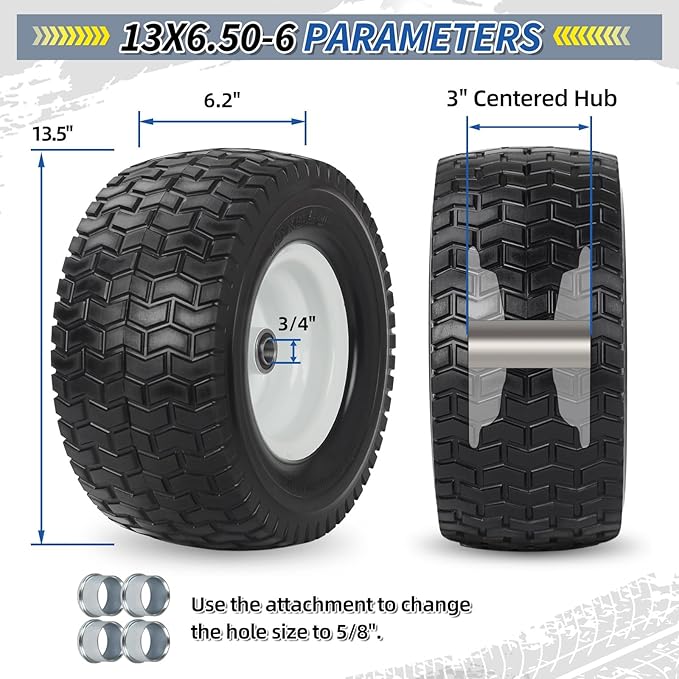 13x6.50-6 Tire and Wheel, 13x6.5-6" Flat-free Lawn Mower Tires, 3”-6.5“ Centered Hub, 3/4" or 5/8" Bearing, Universal Fit Garden Tractor Front Wheels, 4 Ply, V-Turf Pattern, 2 Pack