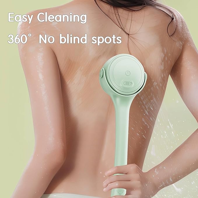 Rechargeable Electric Body & Back Scrubber Brush – Waterproof Spinning Bath Brush with Dual Long Handles & 5 Replaceable Heads for Deep Cleansing, Exfoliating & Massage