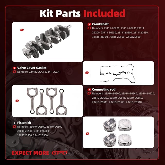 G4KJ 2.4L Engine Rebuild Overhaul Kit Crankshaft & Con Rods & Bearings Set & Head Gasket Set Fit For Hyundai Sonata Santa Fe Sport Tucson, Fit For Kia Sportage Optima Sorento 2.4 2011-2020