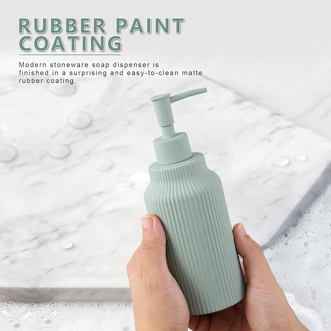 Modern Matte White Soap Dispenser for Bathroom，14oz Ceramic Soft Touch Hand Lotion Dispenser with Pump，Liquid soap Dispenser for Kitchen Rubber Paint (Green)