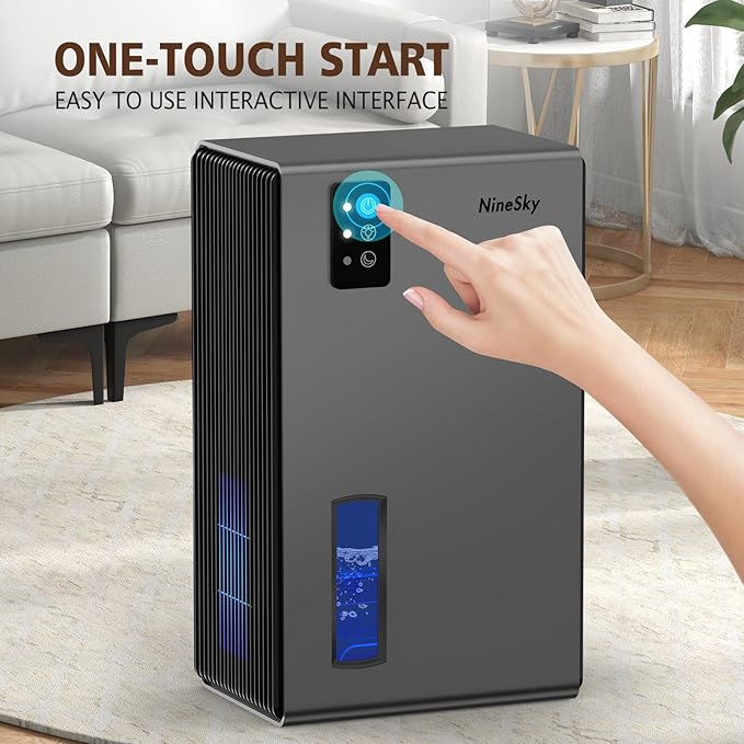 NineSky Dehumidifiers for Home, 95 OZ Water Tank, (1000 sq.ft) Dehumidifiers for Bathroom Bedroom Basement with Auto Shut Off,7 Colors LED Light(Gray)