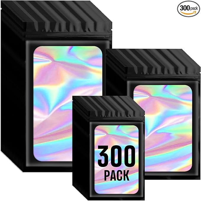 Funfery 300 Pack 3 Size Mylar Holographic Bags with Clear Window,Resealable Bag Smell Proof Bags Zipper Foil Baggie Packaging Pouch for Food Storage,Sample,Small Business(Black,3x4.7,4x6,4.7x7.9in)