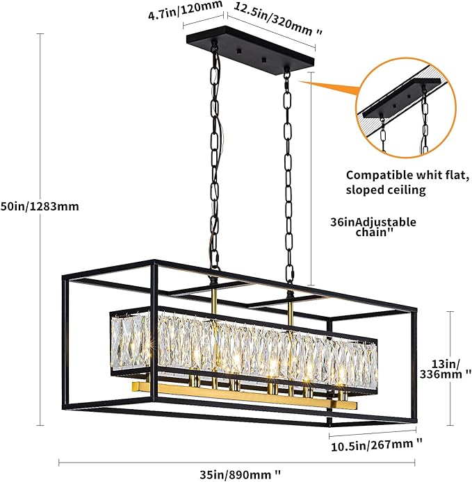 Crystal Chandeliers for Dining Room 6-Light Modern Black Gold Chandelier Rectangle Luxury Ceiling Light Fixture for Kitchen Island L35''