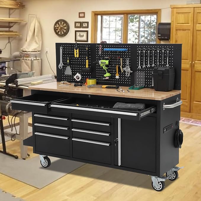 Heavy Duty 61 in Tool Chest Cabinet, Mobile Garage Workbench with 10 Drawers and Power Strip, Rubber Wood Worktop, 1675 LBS Load, Rolling Tool Storage Organizer for Mechanic, Shop or Home Use