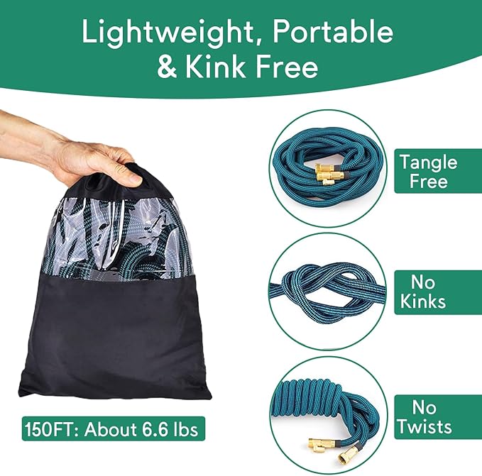 150 ft Expandable Garden Hose, 2025 New Ultra Lightweight & Flexible Water Hose 150ft, 10 Pattern Spray Nozzle, Leak-Proof Solid Brass Fittings, High-Density Outer Fabric, Durable Latex Core, No Kink