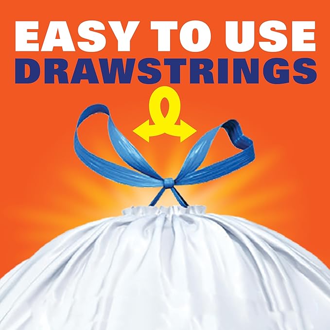 Hefty Strong 13 Gallon Trash Bags, Tall Kitchen Trash Bags, UnscentedLarge Trash Bags with Drawstrings, Durable Closure, Resists Leaks, Punctures, and Tears, White, Unscented, 90 Bags