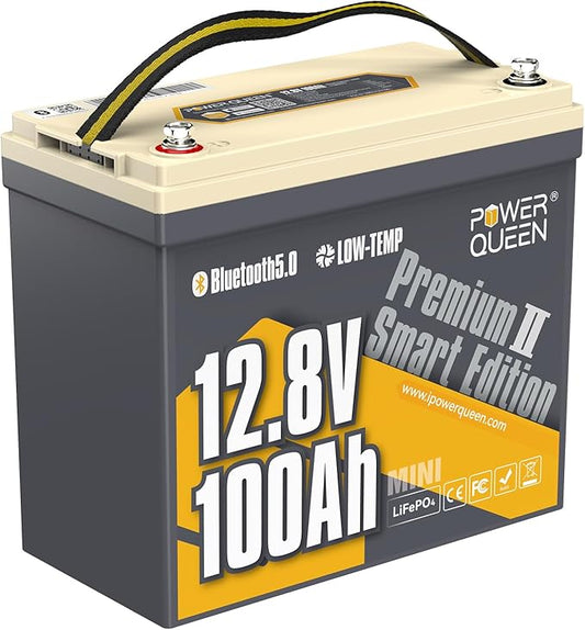 Power Queen 12V 100Ah Mini LiFePO4 Battery with Bluetooth, Low Temp Cut-off, 12V Lithium Battery 100A Smart BMS, Support Monitoring Battery via Phone Bluetooth, 15000 Cycles for RV, Solar, Marine