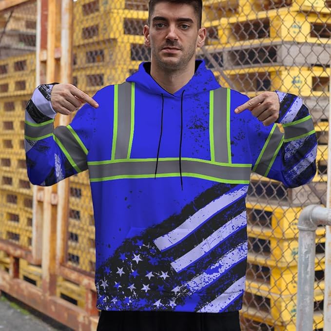 Color US Flag High Visibility Hoodie for Men Women Reflective Tapes Safety Workwear for Worker Runner Patriotic