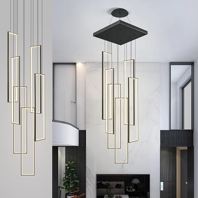 Modern Black Chandelier Dimmable 6 Rings Rectangle Pendant Lighting Living Room Foyer High LED Ceiling Chandelier 4000K Staircase Pendant Light Fixture