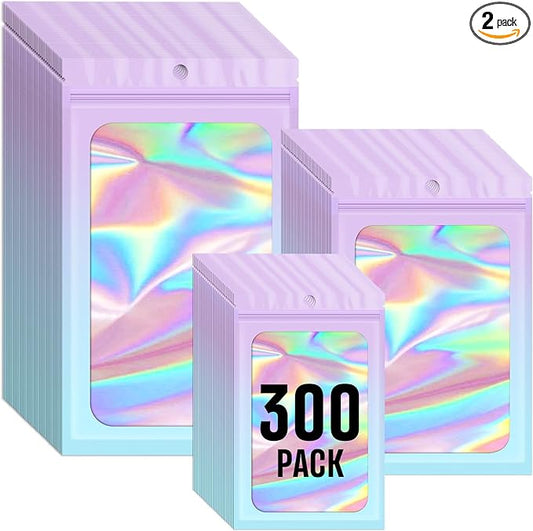 Funfery 300 Pack 3 Size Mylar Holographic Bags with Clear Window,Resealable Bag Smell Proof Foil Baggies Packaging Pouch for Food Storage,Sample,Small Business(Purple Blue,3x4.7,4x6,4.7x7.9in)
