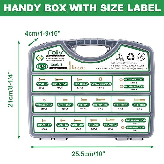 FOLIV 523PCS Grade 8 Bolts and Nuts Assortment Kit, Heavy Duty Nut and Bolt Assortment, 1/4-20 5/16-18 3/8-16 SAE Hex Bolts, Length from 1/2" to 1-1/2"