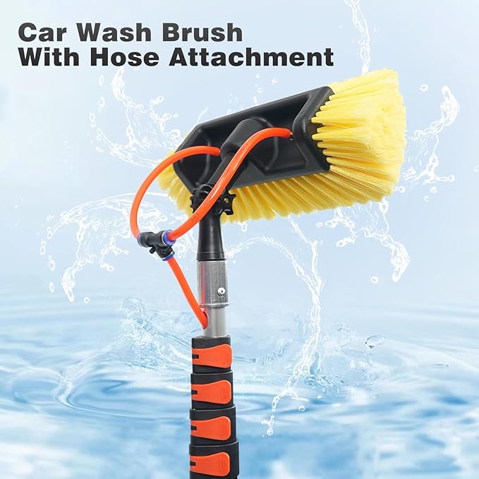 12FT Car Wash Brush with Long Handle, Car Cleaning Brush with 12"Soft Bristle and Hard Bristle, 3-12FT Telescopic Pole with Hose Attachment for Scratch-Free Cleaning Truck,RV,Boat,Siding,Solar Panels