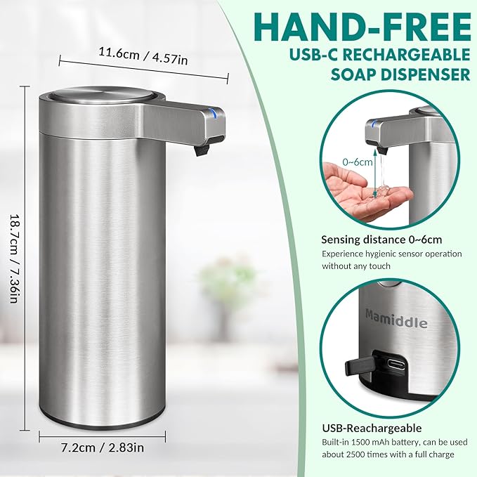9 oz. Automatic Soap Dispenser Stainless Steel with Sensor Infrared Soap Dispenser Electric IPX5 Waterproof USB-C Charging Motion Sensor for Kitchen & Bathroom (Brushed Silver)