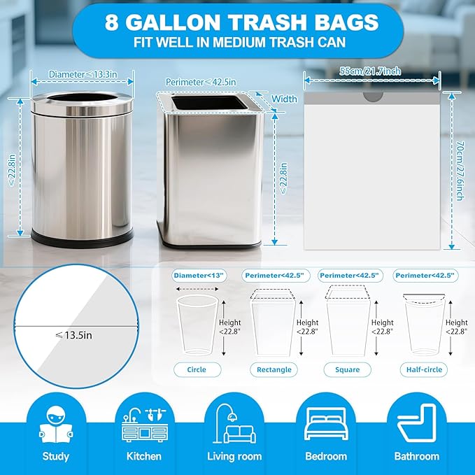 8 Gallon Trash Bags Drawstring- 90 Counts Medium Trash Bag Extra Strong, Medium Garbage Bags 8 Gallon Unscented, Stretchy, Quick Cinch for Office Kitchen, White