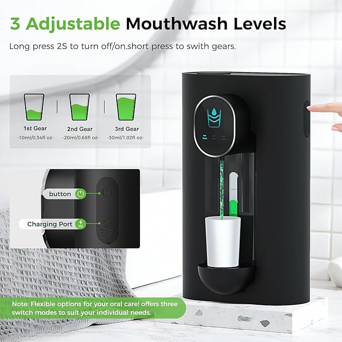 Automatic Mouthwash Dispenser 18.26 oz Touchless Mouthwash Dispenser for Bathroom Magnetic Cup USB Rechargeable and 3 Dispensing Levels with Led Screen Wall-Mounted or Countertop Use-Black 2Pack
